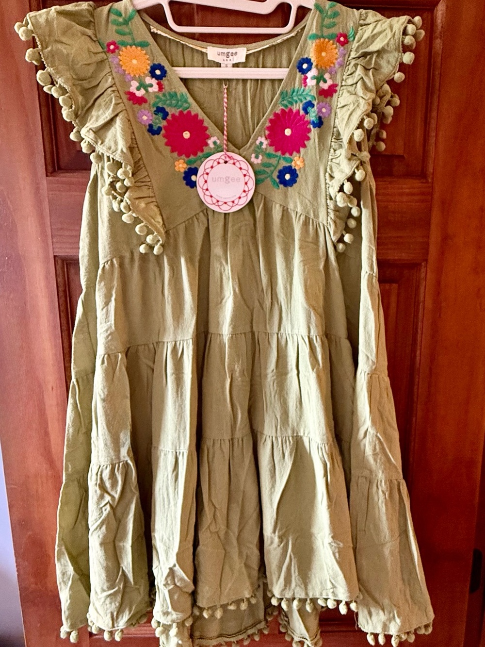 umgee Embroidered Tiered Shortsleeved Dress, Sz Small Green